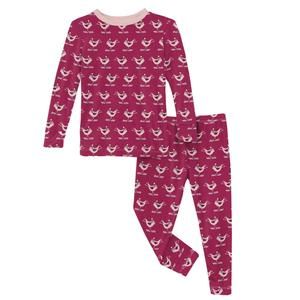 NEW KICKEE kids' bamboo print long sleeve pajama set in berry ski birds